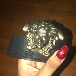 Black Versace belt with gold medusa